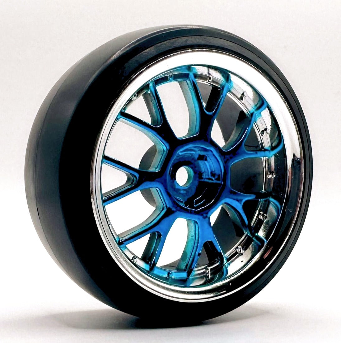 IRonManRc 1/10 DRIFT WHEELS W/ HARD TIRES CHROME BLUE BBM SPOKE RIMS PART# 1085