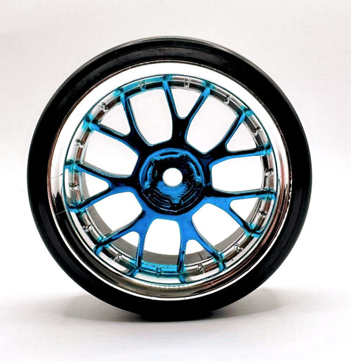 IRonManRc 1/10 DRIFT WHEELS W/ HARD TIRES CHROME BLUE BBM SPOKE RIMS PART# 1085